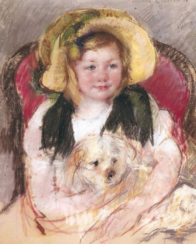 アームチェアに犬を連れたサラ、1901 作： Mary Cassatt